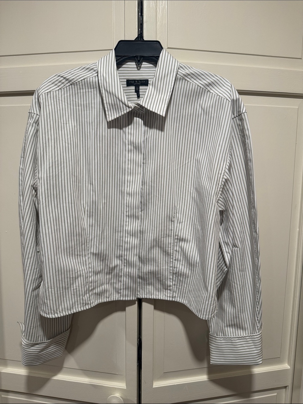 rag & bone White Shirt with Thin Gray/Green Pinstripes